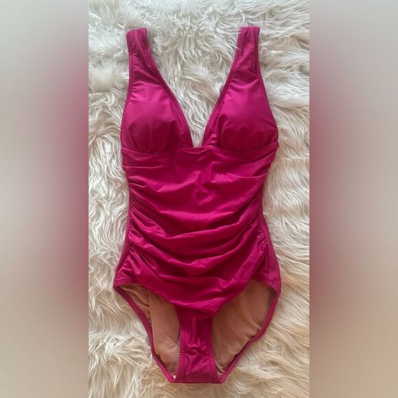NWT J. Crew Ruched V-neck One-Piece in Radiant Fuschia - Picture 3 of 12